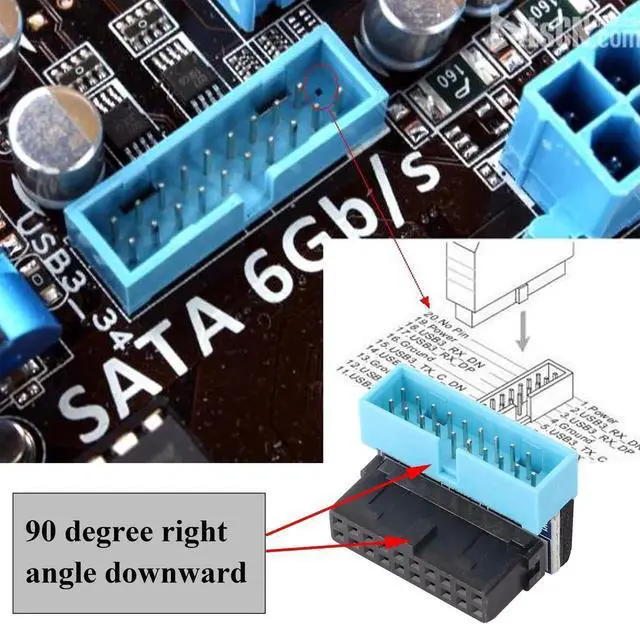 Alt view image 4 of 7 - 2 Pack Down Right Angle USB 3.0 19-pin Connector 90 Degree 19Pin/20Pin 3.0 USB Female to Male Extension Power Adapter Board for Desktop Motherboard Internal Header Adapter(Down/Blue-20Pin)