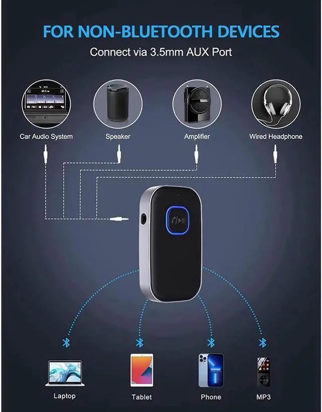 Alt view image 2 of 7 - Bluetooth 5.0 Receiver for Car, Noise Cancelling Bluetooth AUX Adapter, Bluetooth Music Receiver for Home Stereo/Wired Headphones/Hands-Free Call,16H Battery Life-Black+Silver