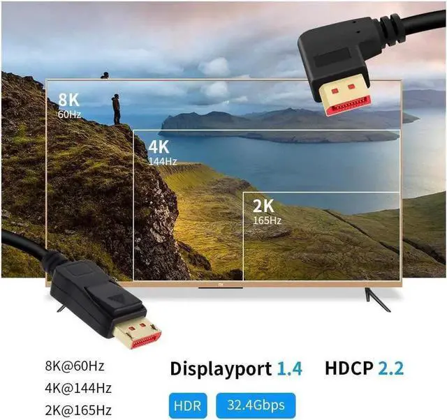 Alt view image 6 of 6 - 8K@60Hz 90 Degree Angled DP 1.4 Cable. Male to Male Right Angle Displayport 1.4 Cable Support 8K@60Hz 4K@144Hz 1080P@240Hz 6FT/1.8M