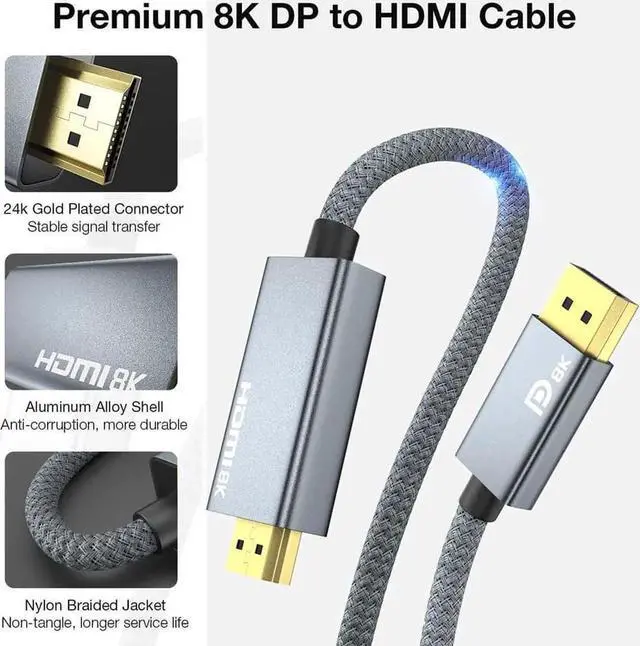 Alt view image 4 of 7 - 8K DisplayPort to HDMI Cable DP 1.4 to HDMI 2.1 Video Cable Support 8k@30Hz 4K@144Hz Dynamic HDR Dolby Vision HDCP 2.3 DSC 1.2a for Lenovo HP ASUS Dell AMD NVIDIA and More (6.6ft)