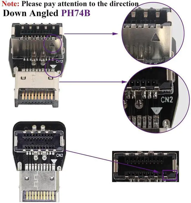 Alt view image 5 of 7 - 2Pack 90 Degree USB 3.2 Front Panel Internal Connector Down-Right Angle Type-E USB 3.1 Female to Male Front Panel Socket Adapter for Type-E Motherboard Extension Data Adapter(Type-E/Down)