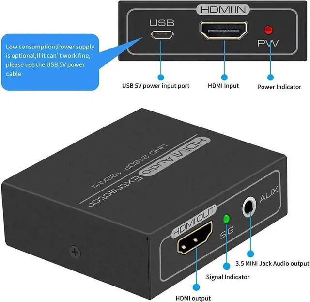 Alt view image 3 of 7 - HDMI Audio Extractor 4K with 3.5mm AUX Stereo and L/R RCA Out Converter Adapter Splitter Support 4K 1080P 3D Compatable for PS3 Xbox Fire Stick