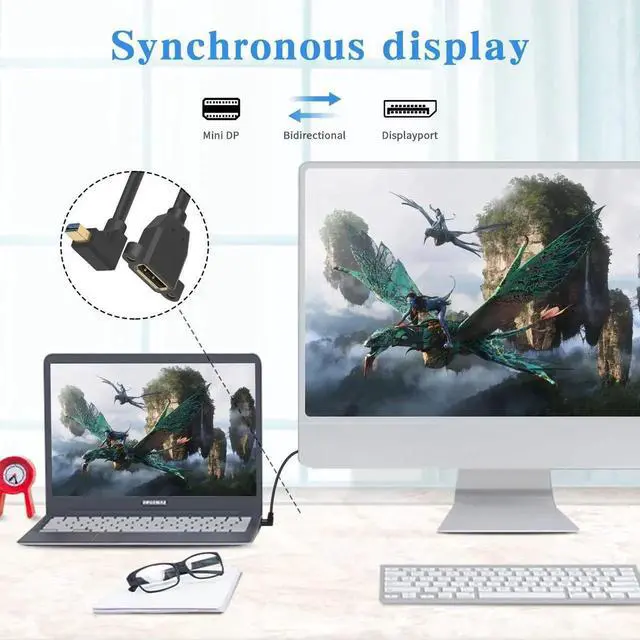 Alt view image 2 of 7 - Mini DP to DP 1.4 Cable, 8K@60Hz Extreme Thin Left Angle Mini Displayport Male to Displayport Female Extension Cable with Screw Panel Mount Support Bi-Directional Transmission. 1Ft/30cm
