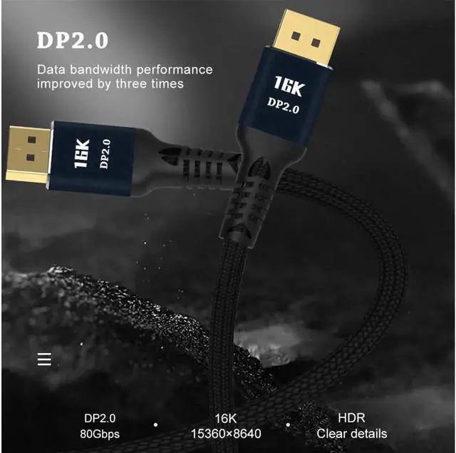 Alt view image 3 of 6 - DisplayPort 2.0 Ultra HD 16K 10K 8K 4K HBR3 16K(15360x8640)@60Hz 10K/8K@60Hz 4K@165Hz High Speed 80Gbps HDCP 3D Slim and Flexible DP to DP Cable 1m 3.3 ft.