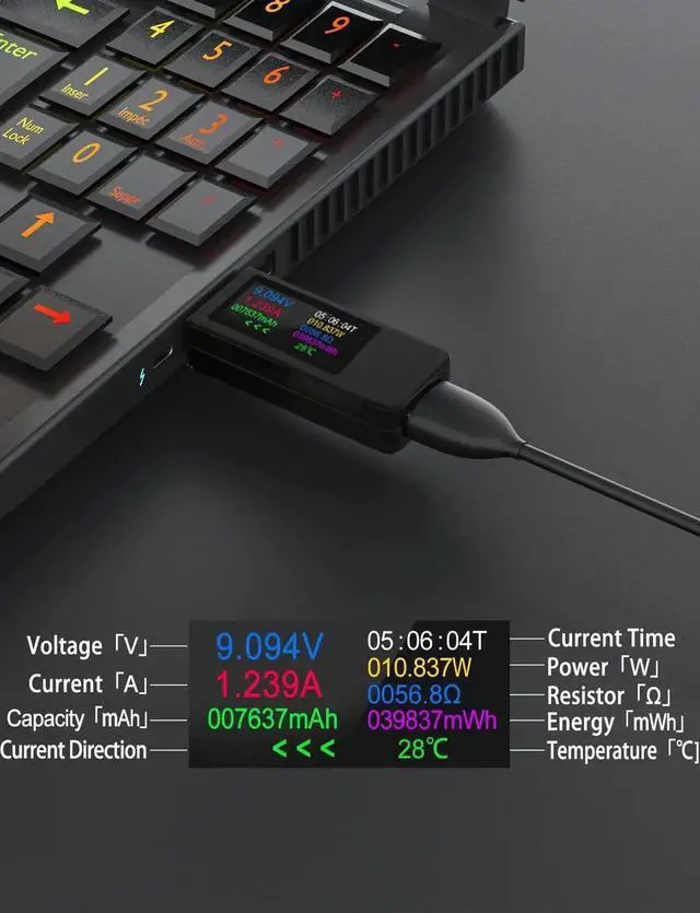 Alt view image 7 of 7 - USB C Tester Voltmeter Power Voltage and Current Tester Meter 0-5.1A 4-30V USB Power Capacity, Temperature, Working Time Volt Ammeter Detector IPS Color Display LCD Power Charger Detector