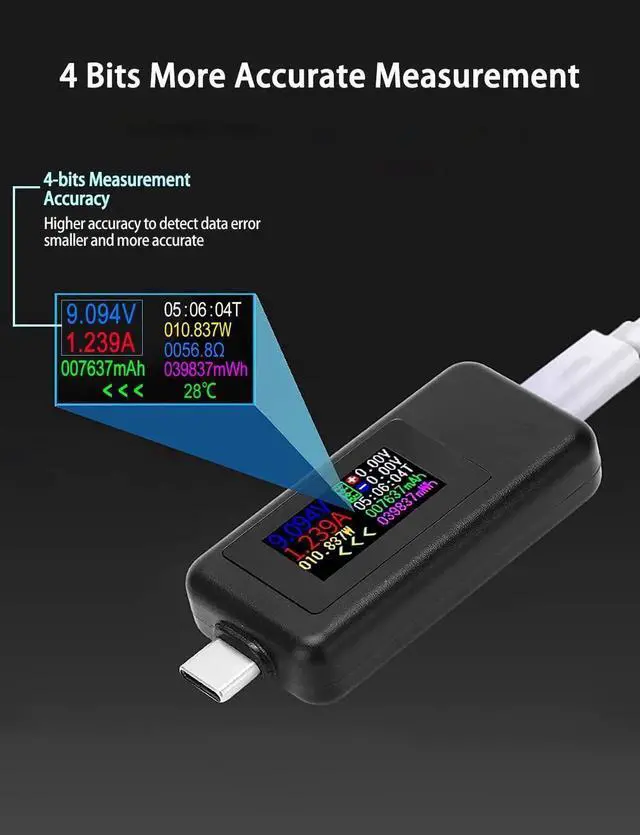 Alt view image 3 of 7 - USB C Tester Voltmeter Power Voltage and Current Tester Meter 0-5.1A 4-30V USB Power Capacity, Temperature, Working Time Volt Ammeter Detector IPS Color Display LCD Power Charger Detector