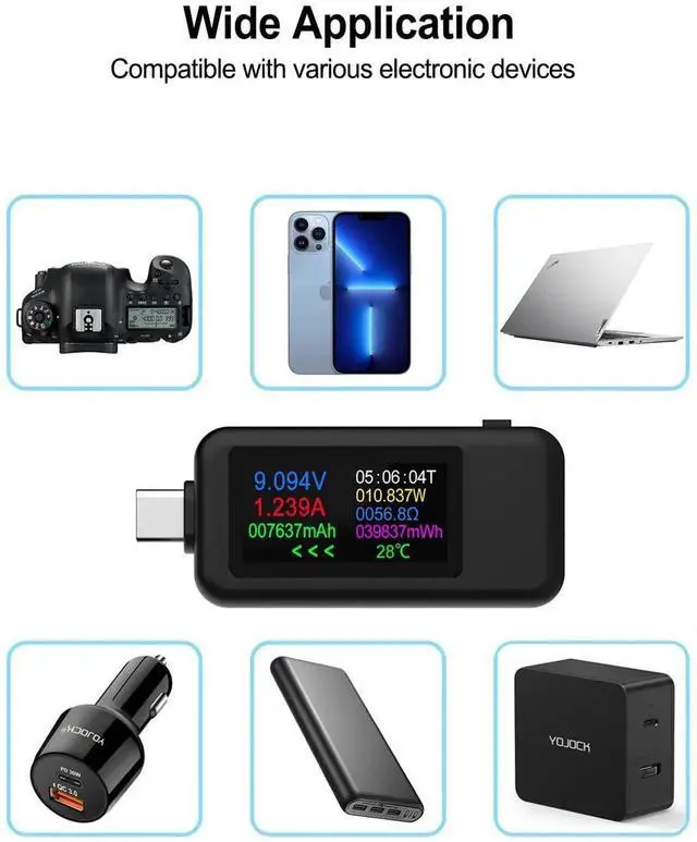 Alt view image 4 of 7 - USB C Tester Voltmeter Power Voltage and Current Tester Meter 0-5.1A 4-30V USB Power Capacity, Temperature, Working Time Volt Ammeter Detector IPS Color Display LCD Power Charger Detector
