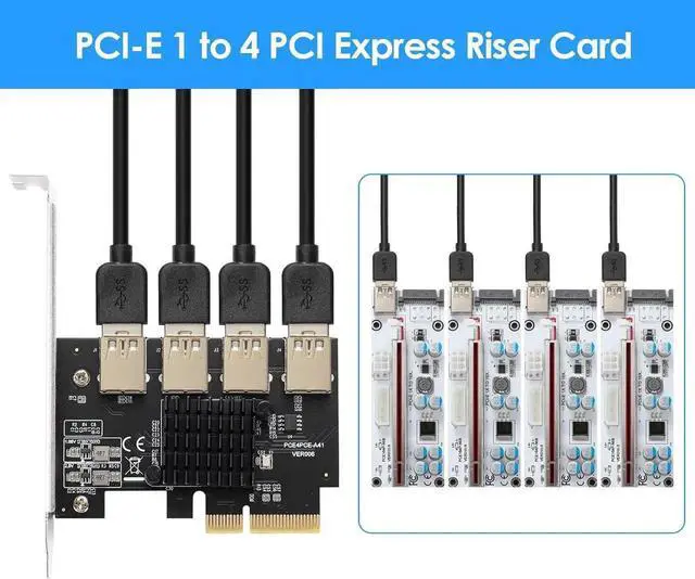 Alt view image 6 of 6 - PCI Express Multiplier Riser Card,PCI-E 4X to External 4 PCI-E USB 3.0 Converter Adapter Card 4 Ports for Bitcoin ETH Mining Miner Device(One Side Interface)