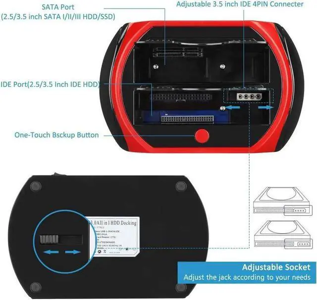 Alt view image 2 of 7 - Hard Drive Docking Station For SATA & IDE, USB to 2.5" 3.5" SATA IDE Dual bay External Enclosure, All in 1 Card Reader XD/TF/MS/CF/ SD card, USB Hub function. for 2.5" 3.5 IDE SATA I/II/III HDD
