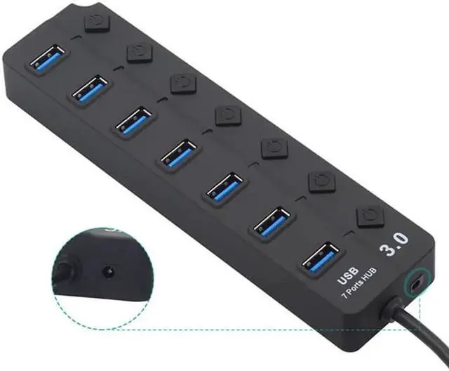 Main image of 7 port usb3.0 hub independent key switch USB3.0 hub splitter one drag seven extender with power supply