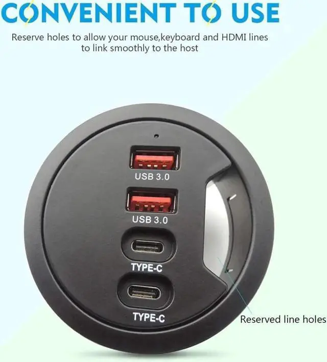 Alt view image 7 of 7 - Grommet Desk-Fit USB 3.0 Hub (Diameter 2.36 or 60MM) 2 Port Type A&2 Port Type C Compatible Charging and Data Transmission Includes 5V/2A Power Adapter