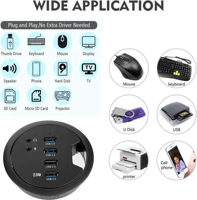 Alt view image 4 of 7 - WDX Desk-Fit (Diameter 3.14" or 80MM) 4 Port USB 3.0 Hub with 3.5mm Audio Mic Phone Jack/BC 1.2 USB Charger, 5V/2A Power Adapter for iPhone/Smart Phones(usb3.0 4 Port)