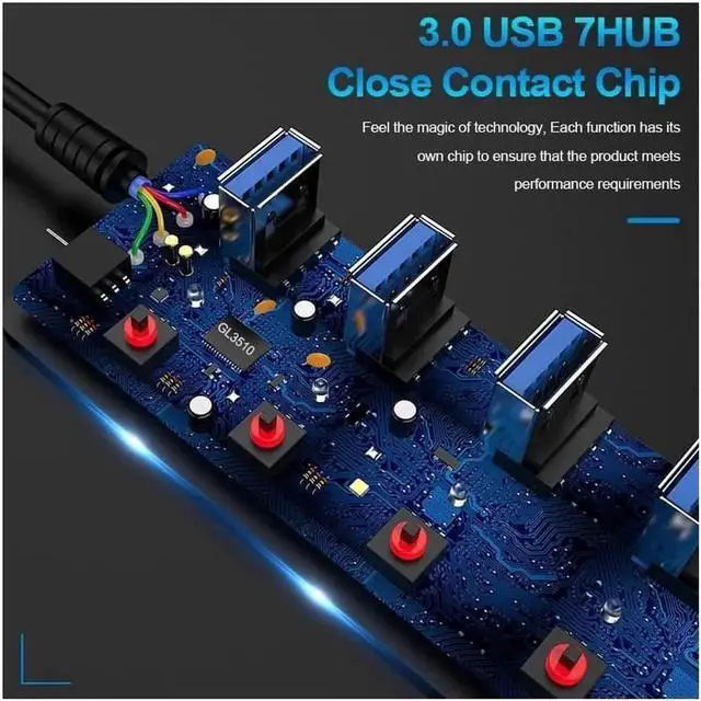 Alt view image 7 of 7 - USB 3.0 Hub, DEFEILIN 7 Port Powered USB Hub Expander Aluminum USB 3.0 Data Port hub with Universal 5V AC Adapter and Individual On/Off Switches USB Splitter for Laptop and PC(Black)