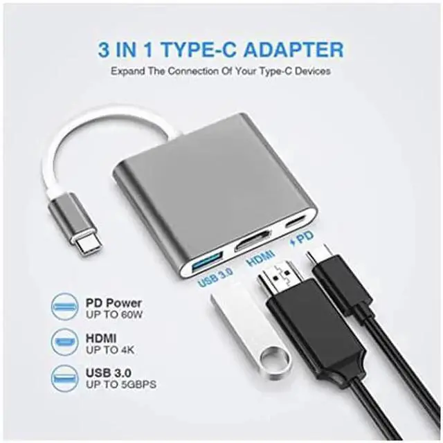 Alt view image 2 of 7 - USB C/Type C to HDMI Adapter, Thunderbolt 3 to HDMI 4K Adapter, USB-C Digital AV Multiport Adapter for Mac/ MacBook/iPad Pro/ S20/S10+/Projector with USB 3.0 Port and PD Quick Charging Port