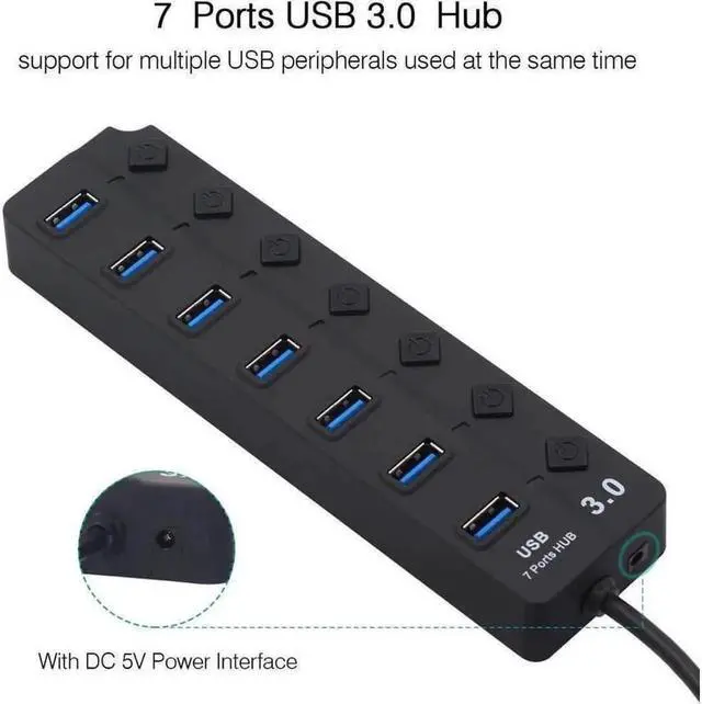 Alt view image 3 of 3 - 7 port usb3.0 hub independent key switch USB3.0 hub splitter one drag seven extender with power supply
