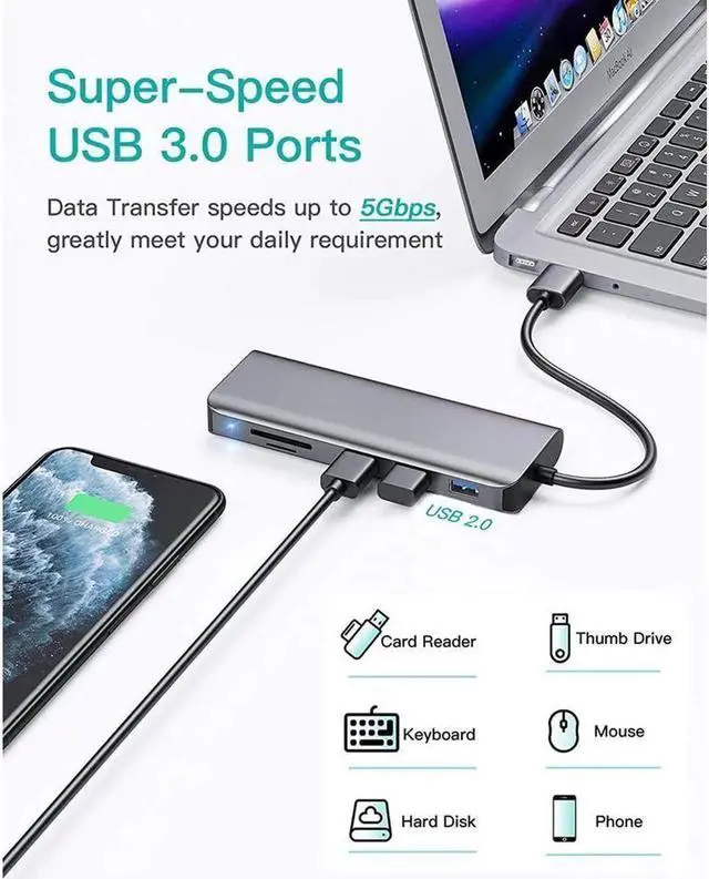 Alt view image 3 of 7 - USB to Ethernet Adapter 7-in-1 Aluminum USB Hub with 10/100/1000 Gigabit Ethernet Network Adapter USB 3.0 Ports USB 2.0 SD/Micro SD Card Reader Compatible with MacBook Air/Pro Windows Linux