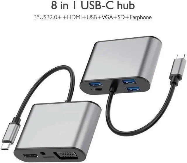 Alt view image 3 of 7 - 8 in 1 USB-C / Type-C to 3 USB 3.0 + USB-C / Type-C + HDMI + VGA Interfaces HUB Adapter with Micro SD Card Slot & 3.5mm AUX