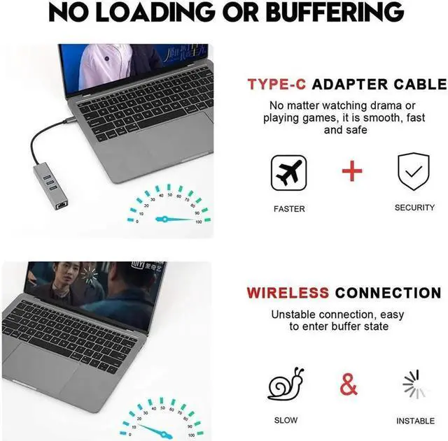 Alt view image 2 of 7 - USB-c hub, Type C to Gigabit Ethernet and 3 USB 3.0 adapters, Aluminum Portable hub, RJ45 Gigabit Ethernet Network Adapter, Converter, hub, for 10 / 100 / 1000 Mbps Ethernet