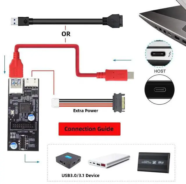 Alt view image 2 of 7 - 5Gbps Dual Ports Type-C USB-C & 19/20Pin Header to USB 3.0 20Pin & Type-E Female PCBA Type Adapter Splitter HUB