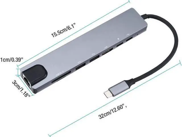 Alt view image 2 of 7 - 8 in 1 Multiport Type C To USB-C HDMI Adapter USB 3.0 Cable Hub For Macbook,sd card reader,Gray