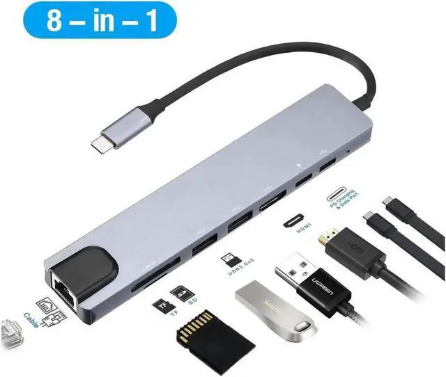 Main image of 8 in 1 Multiport Type C To USB-C HDMI Adapter USB 3.0 Cable Hub For Macbook,sd card reader,Gray