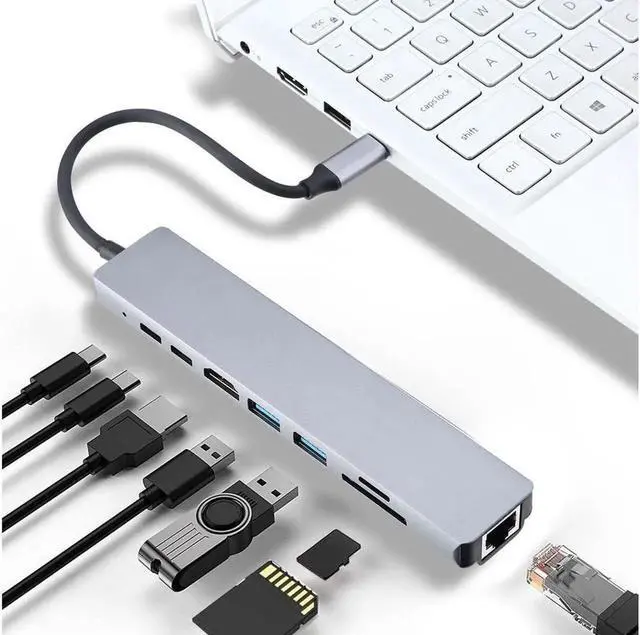 Alt view image 7 of 7 - 8 in 1 Multiport Type C To USB-C HDMI Adapter USB 3.0 Cable Hub For Macbook,sd card reader,Gray