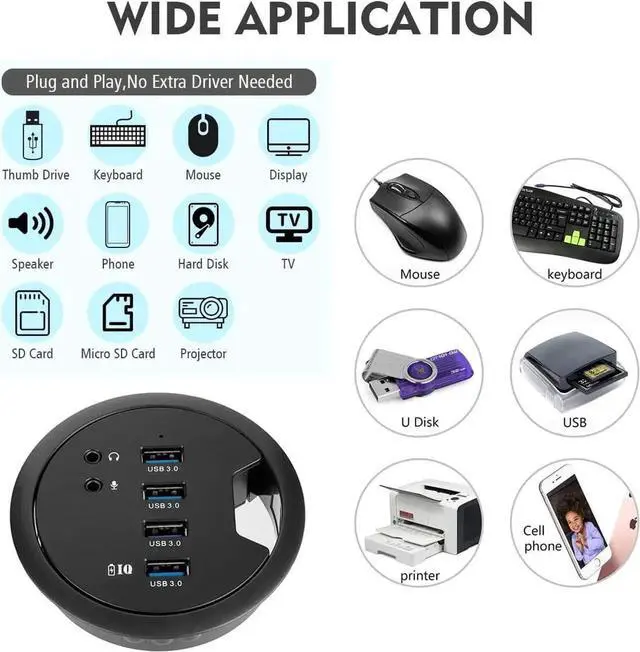 Alt view image 2 of 7 - Desk-Fit (Diameter 3.14" or 80MM) 4 Port USB 3.0 Hub with 3.5mm Audio Mic Phone Jack/BC 1.2 USB Charger, 5V/2A Power Adapter for iPhone/Smart Phones(usb3.0 4 Port)