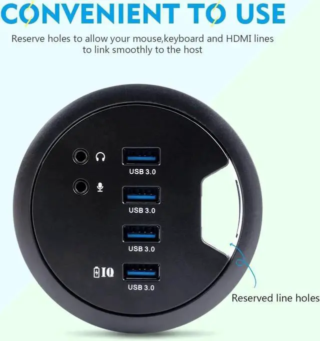 Alt view image 3 of 7 - Desk-Fit (Diameter 3.14" or 80MM) 4 Port USB 3.0 Hub with 3.5mm Audio Mic Phone Jack/BC 1.2 USB Charger, 5V/2A Power Adapter for iPhone/Smart Phones(usb3.0 4 Port)