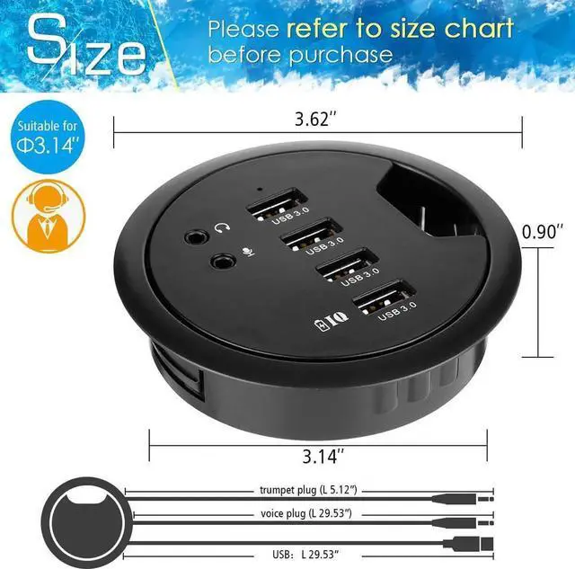 Alt view image 4 of 7 - Desk-Fit (Diameter 3.14" or 80MM) 4 Port USB 3.0 Hub with 3.5mm Audio Mic Phone Jack/BC 1.2 USB Charger, 5V/2A Power Adapter for iPhone/Smart Phones(usb3.0 4 Port)