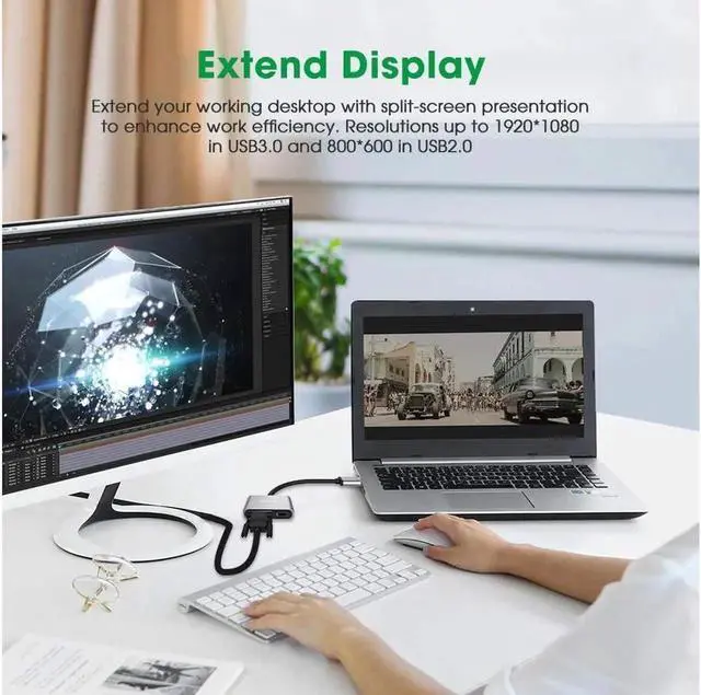 Alt view image 6 of 7 - 2 in 1 USB 3.0 to HDMI VGA Adapter 1080P, Built-in Driver, Support HDMI VGA Sync Output for Windows 10 / 8 / 7 Only, NOT Mac OS / Linux / Vista, USB to HDMI VGA HUB.