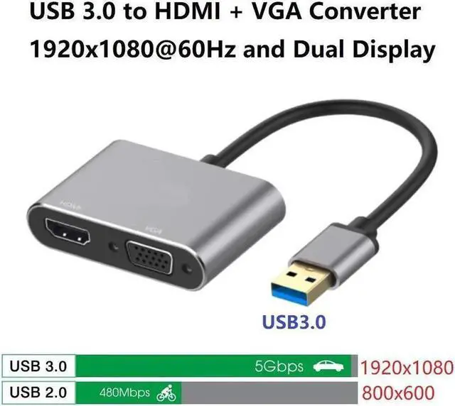 Alt view image 7 of 7 - 2 in 1 USB 3.0 to HDMI VGA Adapter 1080P, Built-in Driver, Support HDMI VGA Sync Output for Windows 10 / 8 / 7 Only, NOT Mac OS / Linux / Vista, USB to HDMI VGA HUB.