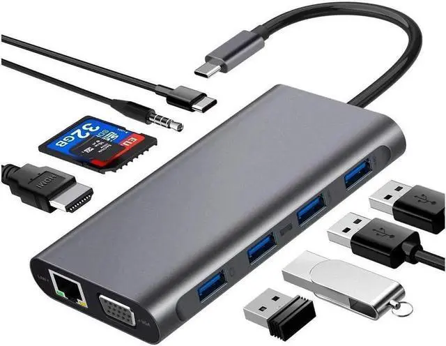 Alt view image 6 of 7 - USB C Hub, Type C Hub, 11-in-1 Adapter with Ethernet, 4K USB C to HDMI, VGA, 2 USB3.0 2 USB2.0, Micro SD/TF Card Reader, Mic/Audio, USB-C Pd 3.0, Compatible for Mac Pro and Other Type C Laptops