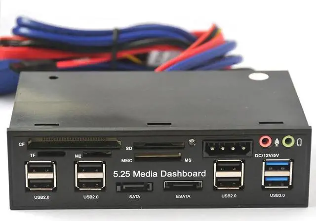 Alt view image 5 of 6 - 5.25 inch Multi-Function USB 3.0 Hub CF TF M2 SD MS Card Reader CD-ROM Front Panel Media Dashboard SATA eSATA Audio Headphone Mic
