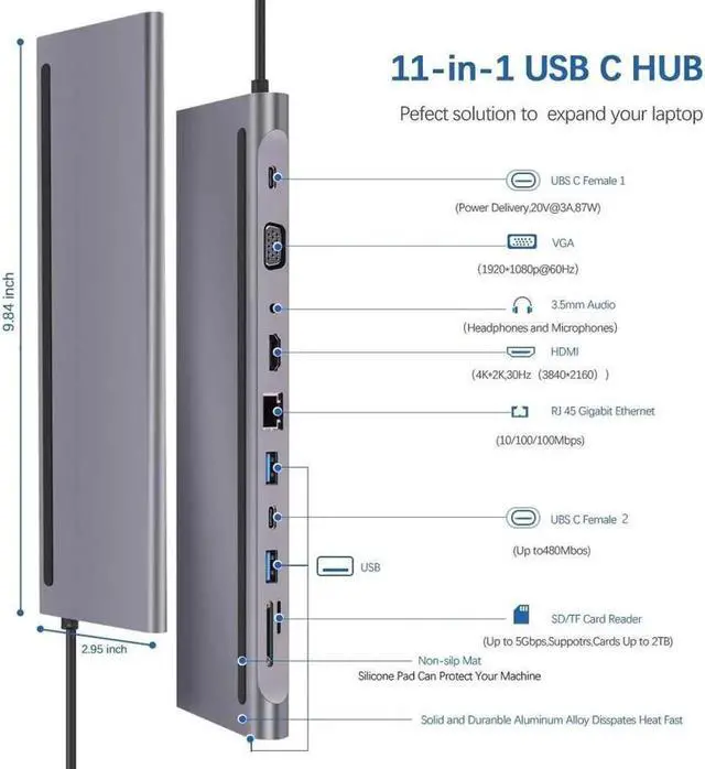 Alt view image 7 of 7 - USB C Hub HDMI Ethernet Adapter 11 in 1 USB Type-C Hub to HDMI 4K VGA, Suitable for Samsung Dex Station, Universal Laptop Dock Hub with 87W PD Compatible with MacBook Pro / 2018 2017 / iPad/Air