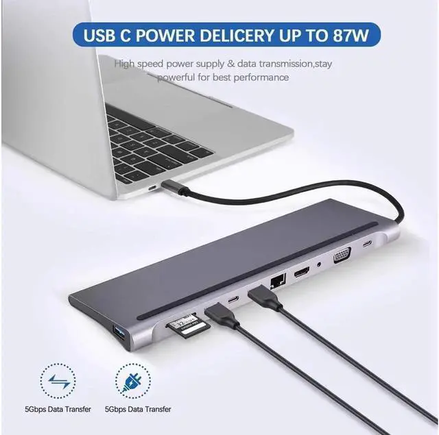 Alt view image 5 of 7 - USB C Hub HDMI Ethernet Adapter 11 in 1 USB Type-C Hub to HDMI 4K VGA, Suitable for Samsung Dex Station, Universal Laptop Dock Hub with 87W PD Compatible with MacBook Pro / 2018 2017 / iPad/Air