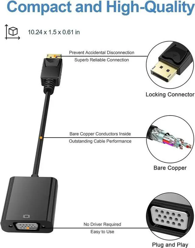 Alt view image 4 of 7 - DisplayPort (DP) to VGA Adapter, Gold-Plated Display Port to VGA Adapter (Male to Female) Compatible with Computer, Desktop, Laptop, PC, Monitor, Projector, HDTV - Black