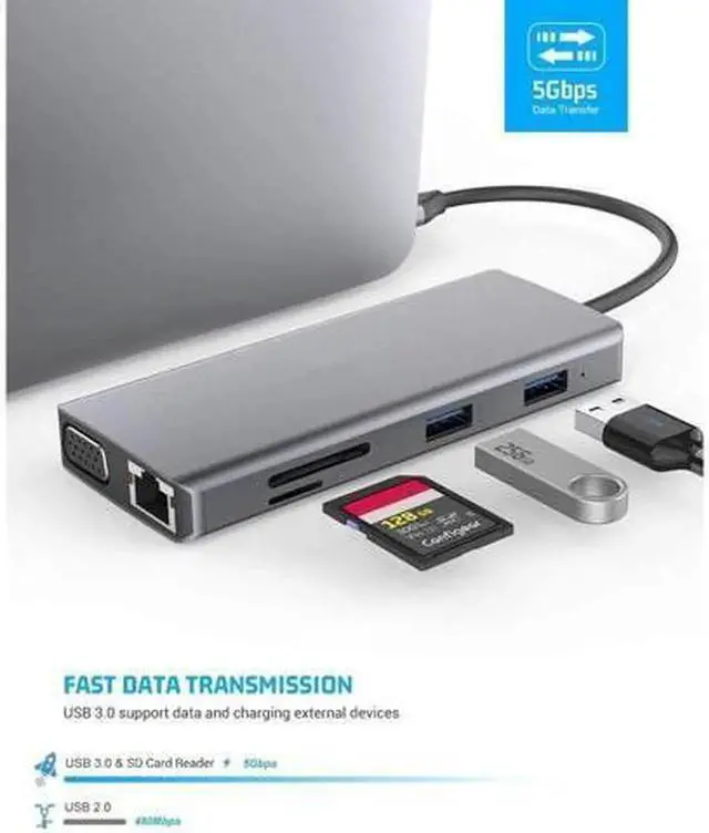 Alt view image 4 of 7 - USB C Hub Laptop Docking Station 11 in 1 Multiport Adapter Dongle, 4K USB C to HDMI, VGA, Ethernet, 100PD, 2 USB 3.0, 2 USB 2.0, Mic/Audio, SD/TF for MacBook Pro Air and More Type C Devices