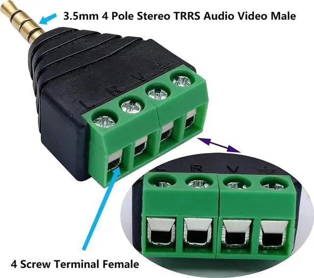 Alt view image 4 of 7 - 3.5mm 4 Pole Stereo TRRS Audio Video Male to 4 Screw Terminal Female Double Track Headphone AUX Balun Solderless Connector Converter Adapter 2-Pack