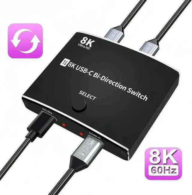 Main image of USB C Switch Bi-Directional Switcher 1 in 2 Out/2 in 1 Out USB Switch Selector 2 Computers Share 1 Devices USB KVM Switch 8K@60Hz Video 10Gbps Data Transfer 100W Charging USB-C Cables Included