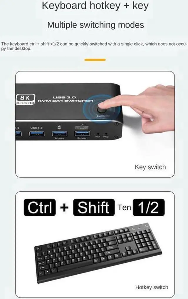 Alt view image 5 of 7 - 8K HDMI KVM Switch 8K USB KVM HDMI Switch 2x1 HDMI2.1 Ports + 4X USB3.0 KVM Ports,Share 2 Computers one Monitor Switch,Supports 8K 60Hz,4K 120Hz,YUV 4:4:4,HDCP 2.3,HDR 10,Hotkey,Darkish