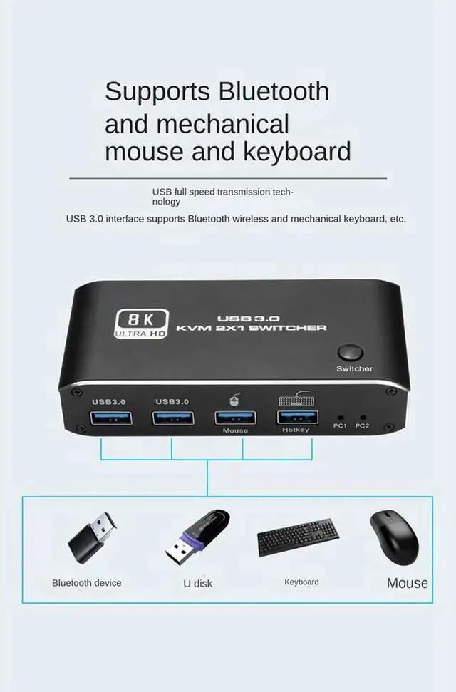 Alt view image 2 of 7 - 8K HDMI KVM Switch 8K USB KVM HDMI Switch 2x1 HDMI2.1 Ports + 4X USB3.0 KVM Ports,Share 2 Computers one Monitor Switch,Supports 8K 60Hz,4K 120Hz,YUV 4:4:4,HDCP 2.3,HDR 10,Hotkey,Darkish