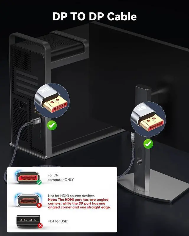Alt view image 6 of 6 - DisplayPort Cable 1.4, 8K 4K DP Cable, Display Port Cable 8K@60Hz, 4K@144Hz, 2K@240Hz, 32.4Gbps, High Refresh Rate for Gaming Monitor, HBR3, HDR, 1.6FT 3.3FT 5FT 6.6FT 9.8FT