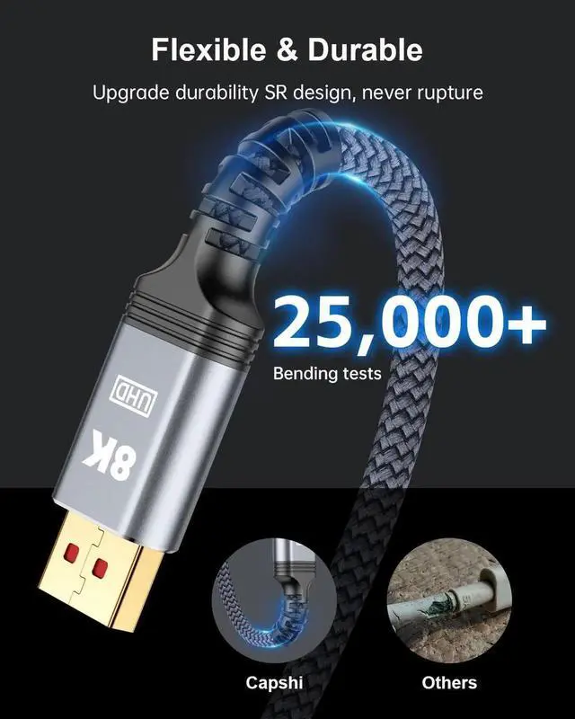 Alt view image 3 of 6 - DisplayPort Cable 1.4, 8K 4K DP Cable, Display Port Cable 8K@60Hz, 4K@144Hz, 2K@240Hz, 32.4Gbps, High Refresh Rate for Gaming Monitor, HBR3, HDR, 1.6FT 3.3FT 5FT 6.6FT 9.8FT