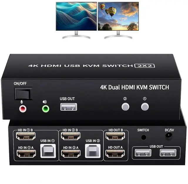 Main image of 2 Ports Dual Monitor Switch, 4K@60Hz KVM Switch 2 Monitors 2 Computers, KVM Dual Monitor HDMI Switcher 2x2 for 2 Computers Share 2 Displays and 5 USB 2.0 Ports, Wired Remote and USB Power Cable