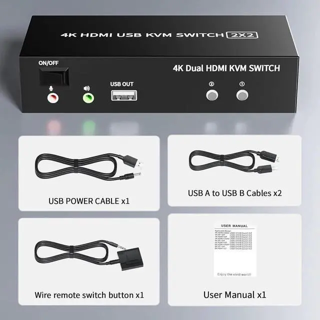 Alt view image 4 of 7 - 2 Ports Dual Monitor Switch, 4K@60Hz KVM Switch 2 Monitors 2 Computers, KVM Dual Monitor HDMI Switcher 2x2 for 2 Computers Share 2 Displays and 5 USB 2.0 Ports, Wired Remote and USB Power Cable
