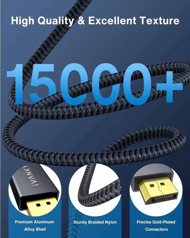 Alt view image 6 of 6 - Display Port Cable 10ft, Display Port Cord, [4K@60Hz, 2K@165Hz, 2K@144Hz], Gold-Plated Braided High Speed DP to DP Cable 10ft, DisplayPort 1.2 Cord for Gaming Monitor, TV, PC, Laptop