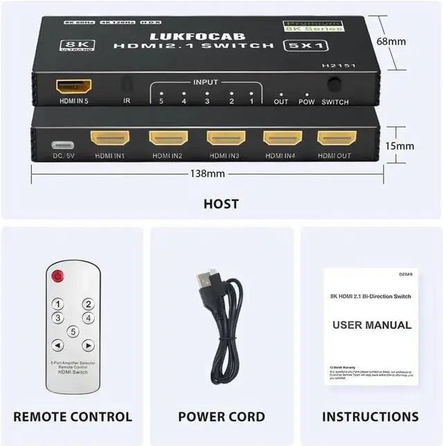 Alt view image 2 of 7 - HDMI 2.1 Switch 5 in 1 Out 8K 60Hz, 5 Port HDMI Switcher Selector Box with Remote, 4K@120Hz HDMI Switch 5x1 Support 48Gbps, HDR 10+, HDCP 2.3, 3D, for PS5/4/3, Xbox Series X, NS, Laptop, Black