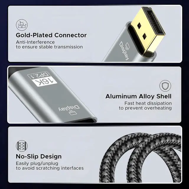 Alt view image 2 of 7 - USB C to Displayport 2.1 Cable, 16k@30Hz Thunderbolt 4/3 to Display Port Cord, 40Gbps USB c to dp Cables Support 8K@120Hz 4K@240Hz, Compatible MacBook Pro M4, iPhone 16, XPS, 3.3FT