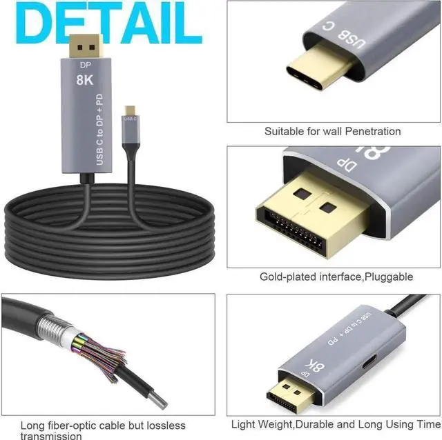Alt view image 4 of 7 - USB C to DisplayPort 1.4 8K 2M Cable with USB-C PD 8K@60Hz 4K@144Hz Converter Thunderbolt 3 to DisplayPort Adapter Compatible with New MacBook Pro 2019 2020