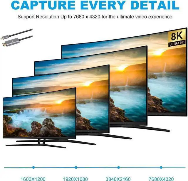 Alt view image 3 of 7 - USB C to DisplayPort 1.4 8K 2M Cable with USB-C PD 8K@60Hz 4K@144Hz Converter Thunderbolt 3 to DisplayPort Adapter Compatible with New MacBook Pro 2019 2020